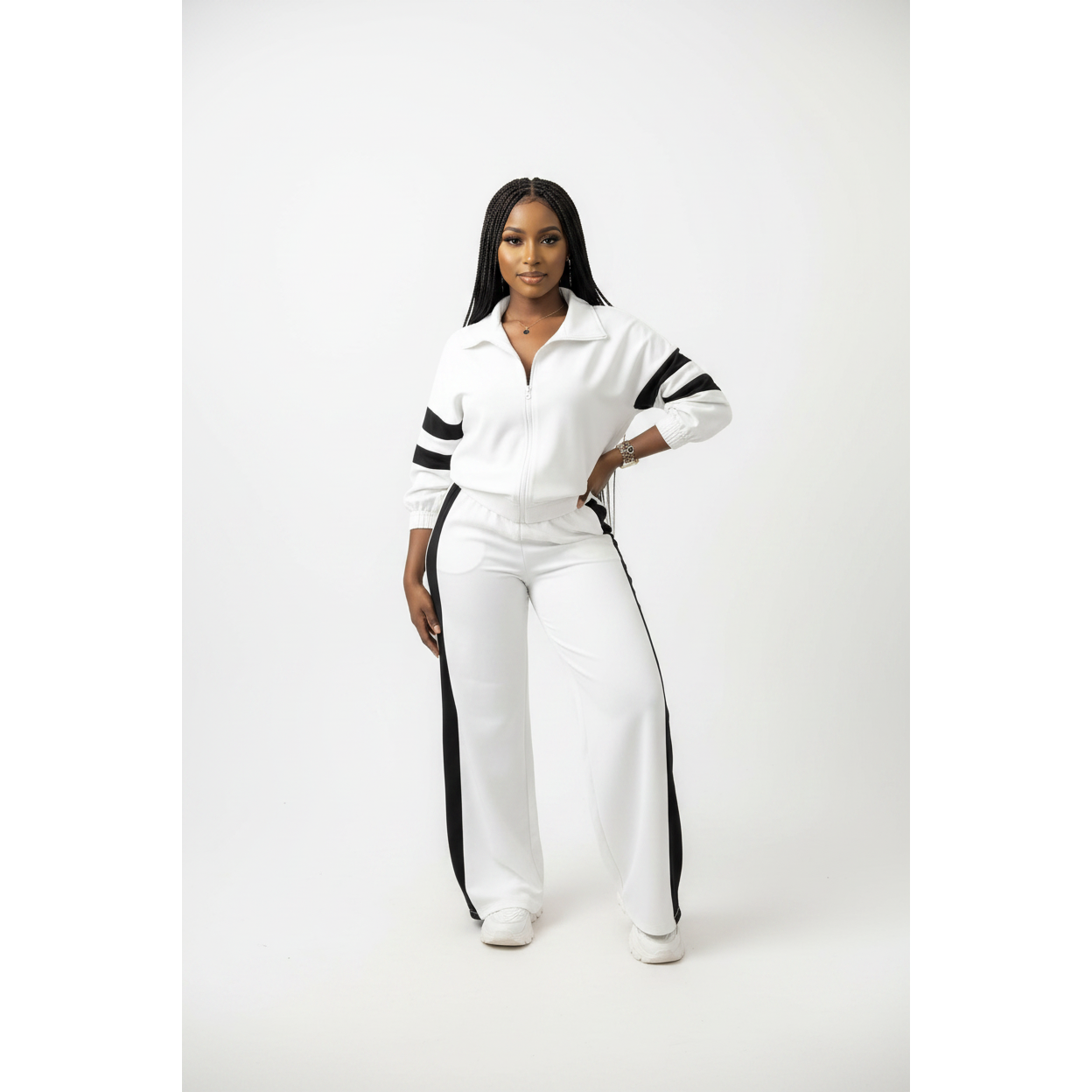 Casual Sportwear Collar Zip Jacket & Wide-Leg Pants