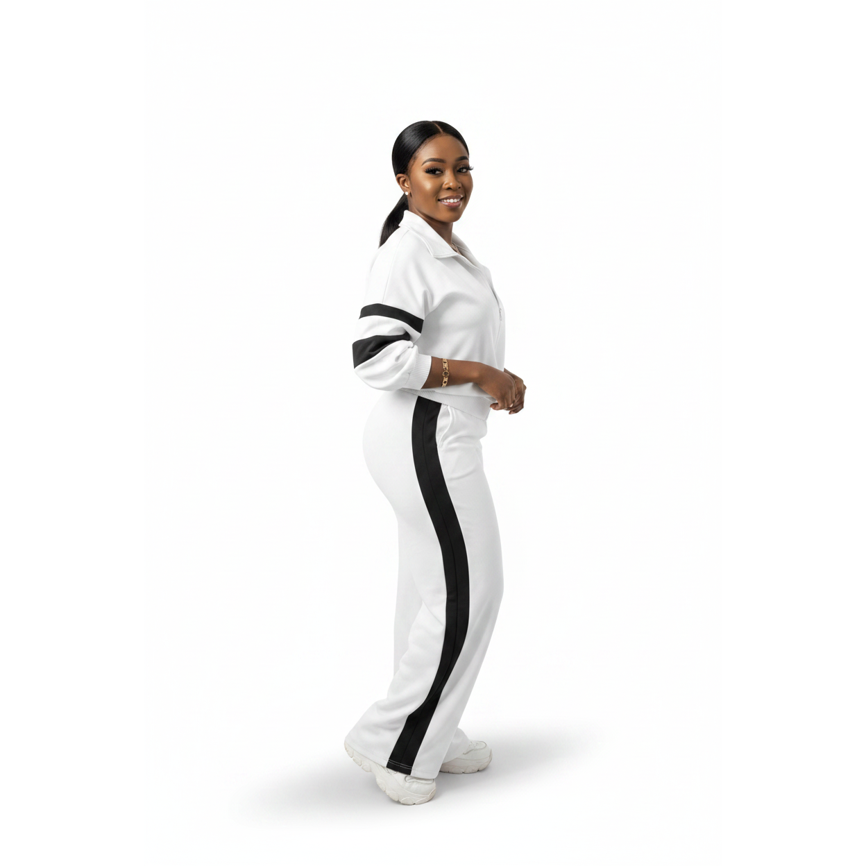 Casual Sportwear Collar Zip Jacket & Wide-Leg Pants