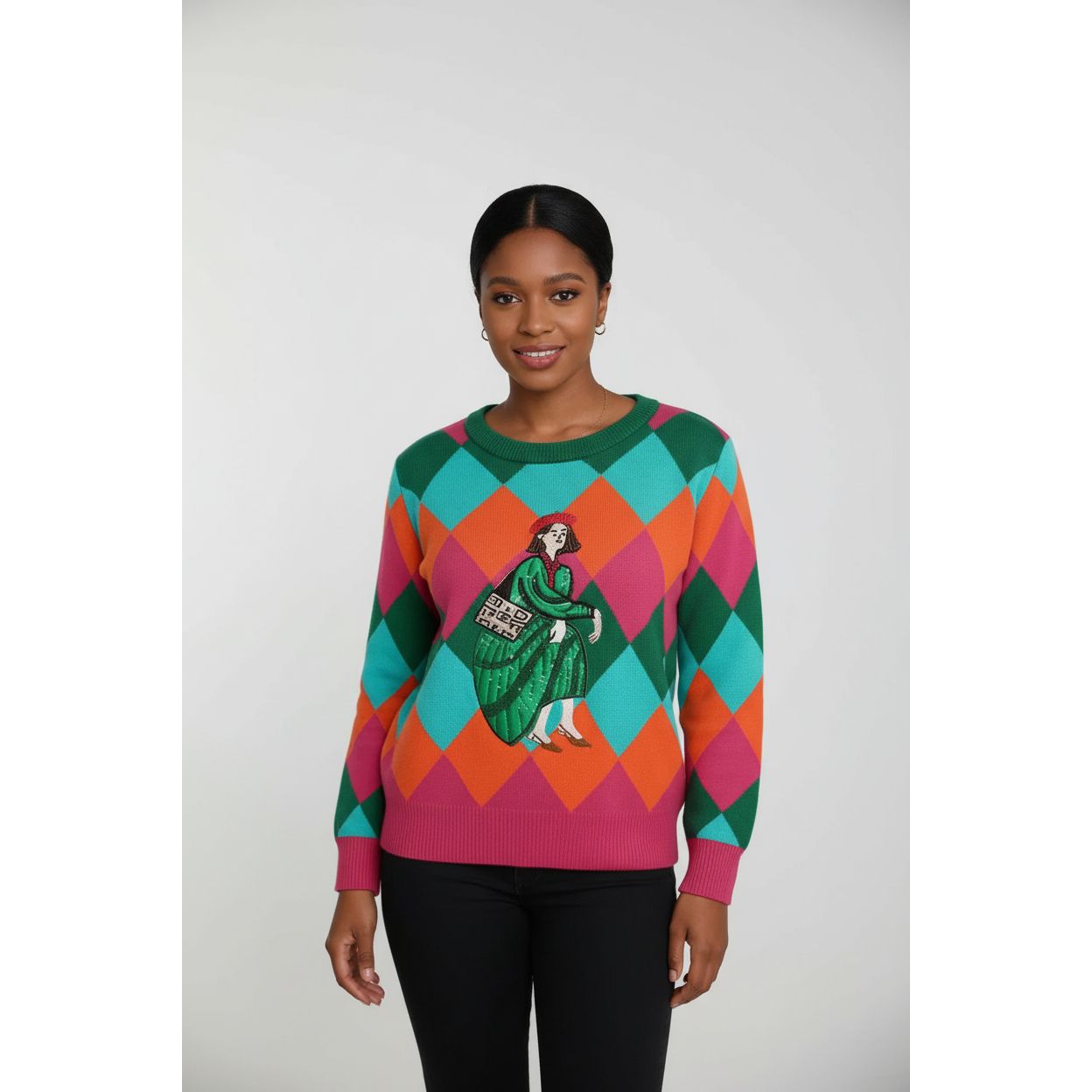 Long Sleeve Multicolor Harlequin Print Top