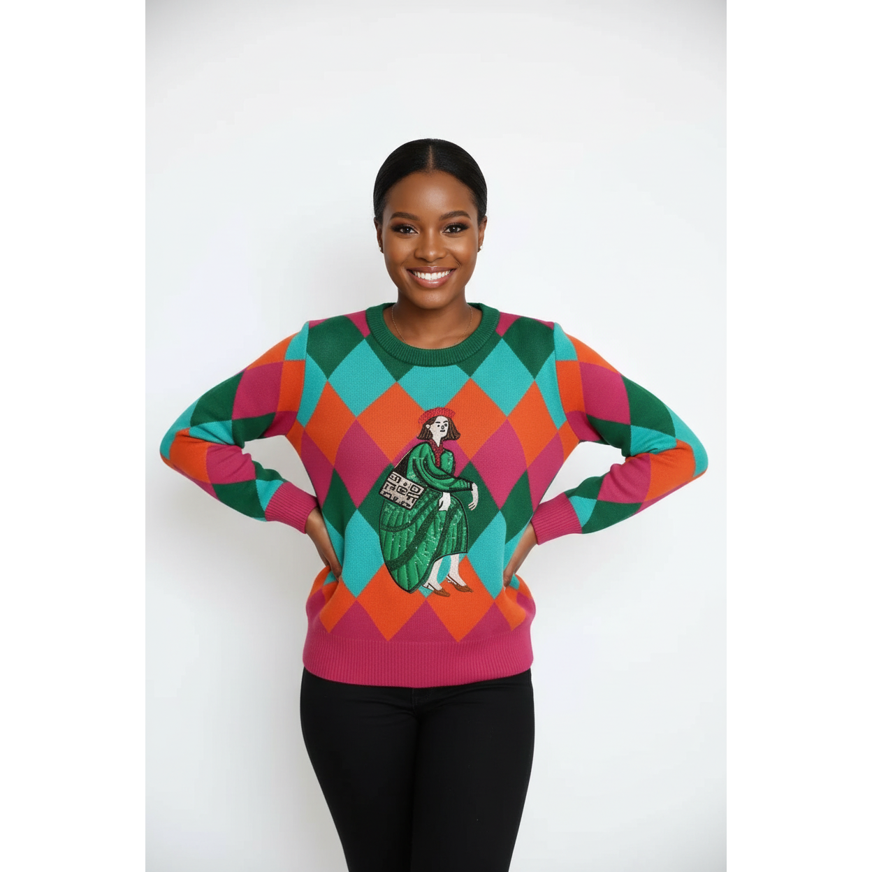 Long Sleeve Multicolor Harlequin Print Top