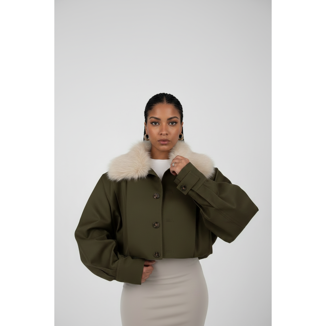Oversized Fur Collar Cropped Jacket