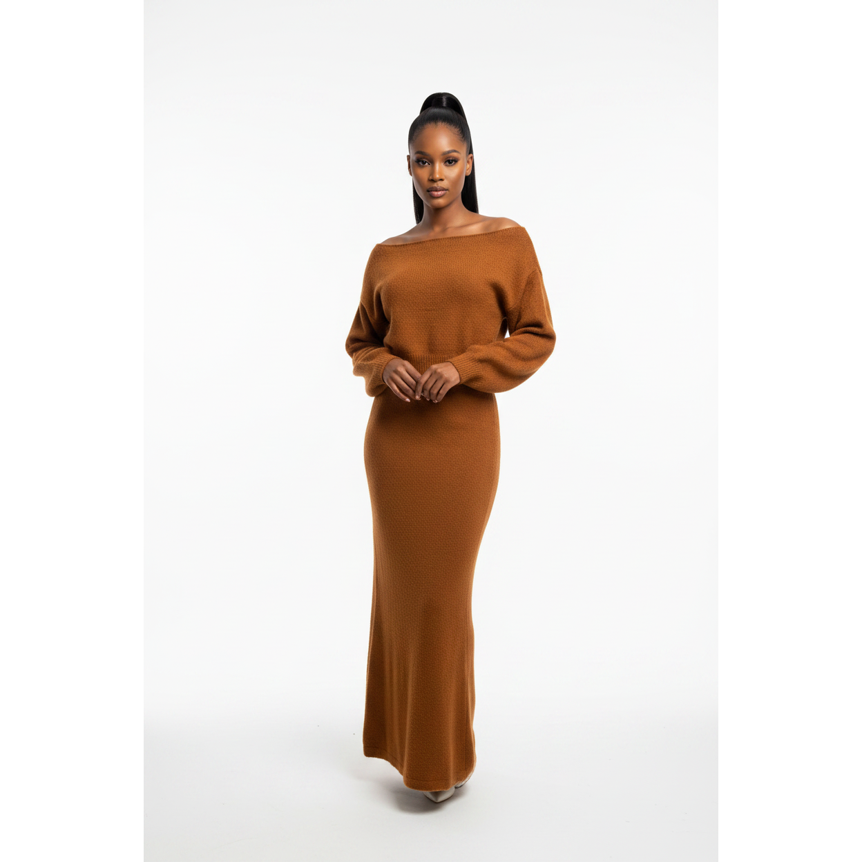 Off Shoulder Knitted Top & Maxi Skirt Set