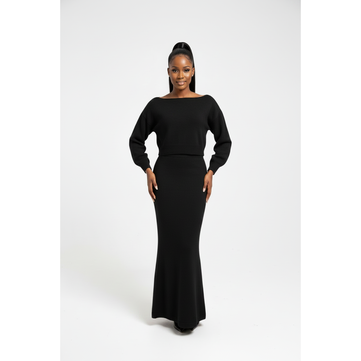 Off Shoulder Knitted Top & Maxi Skirt Set