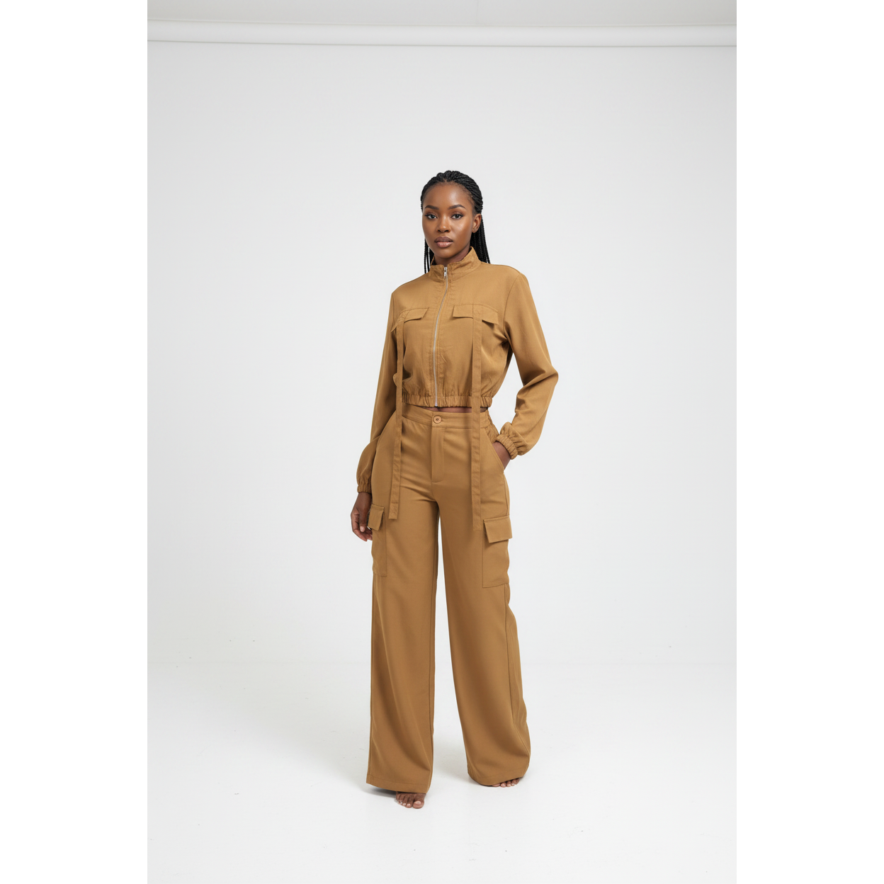 Cropped Zip-Up Utility Jacket & Wide-Leg Cargo Pants