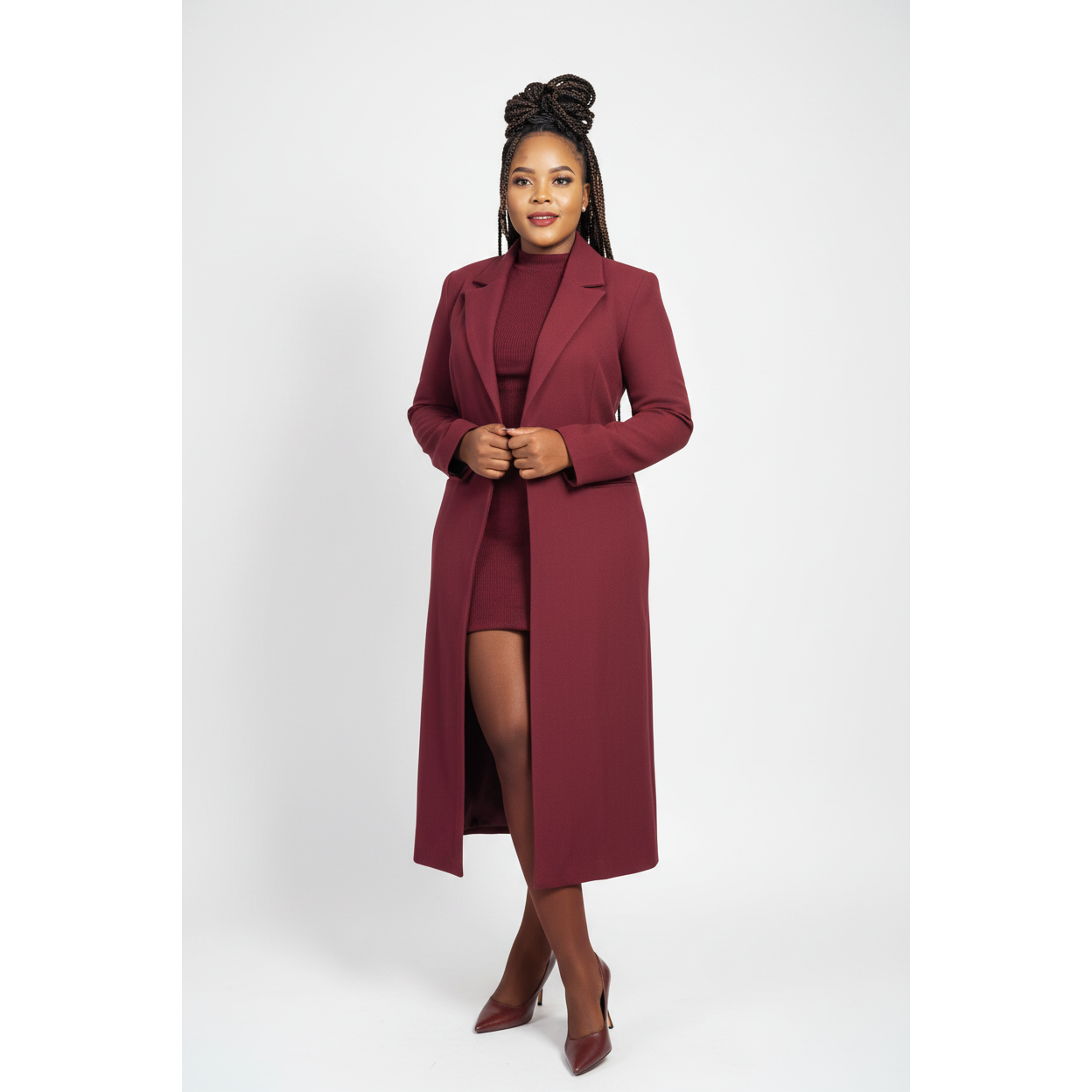 Ladies Long Tailored Sleeve Collared Coat