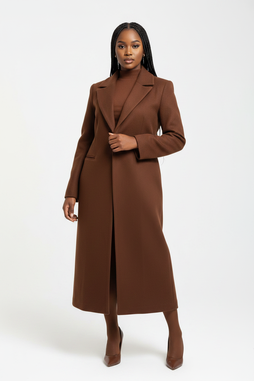 Ladies Long Tailored Sleeve Collared Coat