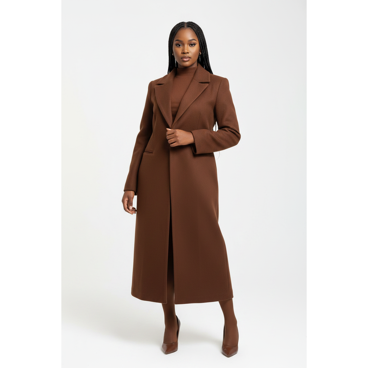 Ladies Long Tailored Sleeve Collared Coat