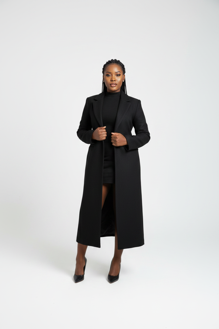 Ladies Long Tailored Sleeve Collared Coat
