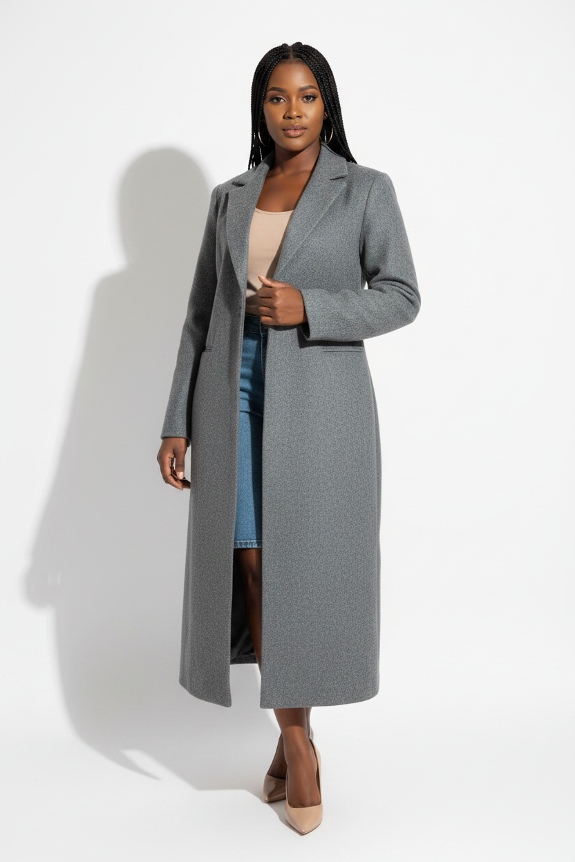 Ladies Long Tailored Sleeve Collared Coat