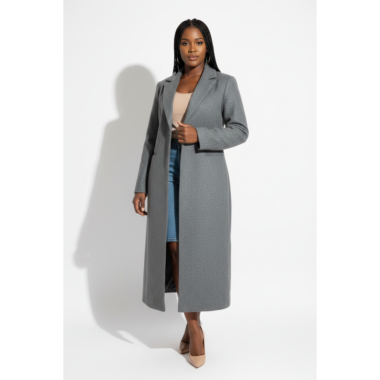 Ladies Long Tailored Sleeve Collared Coat