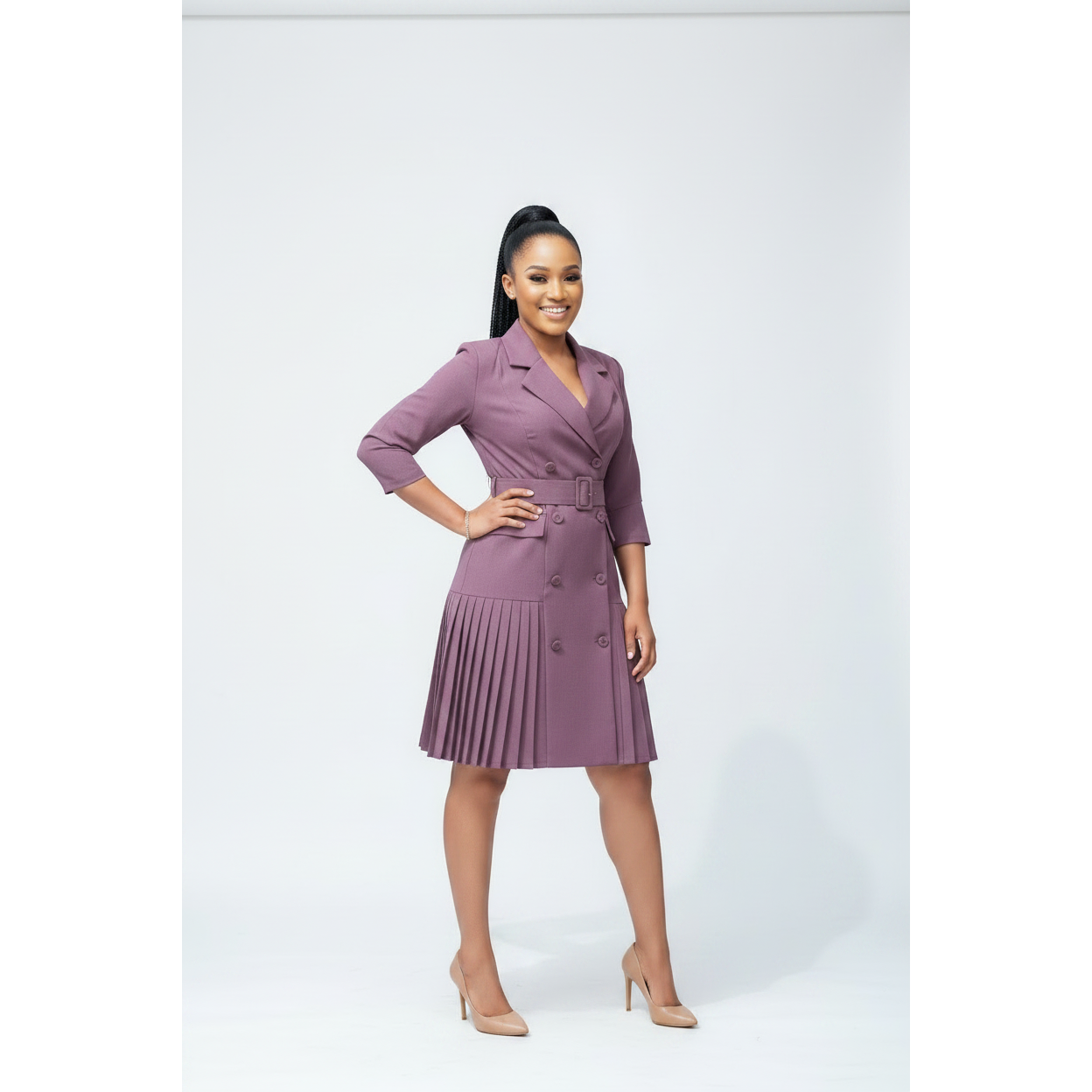 Modern Slim Pleated Double-Breasted Blazer Dress