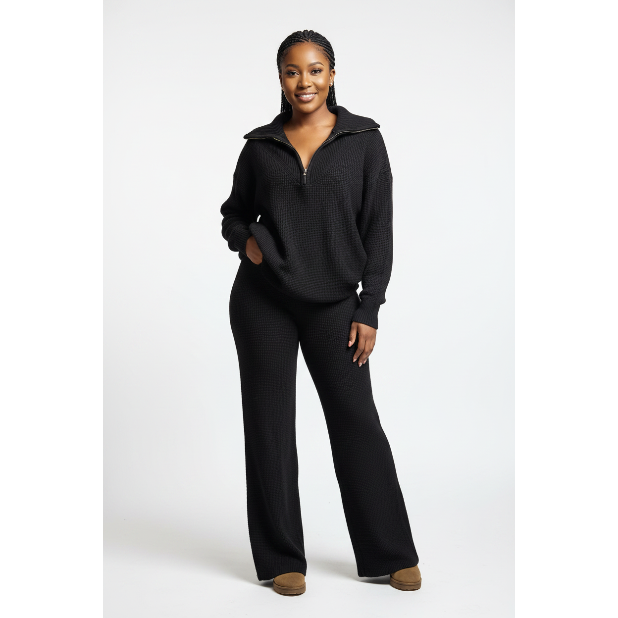 Womens Half-Zip Sweater & Wide-Leg Pants
