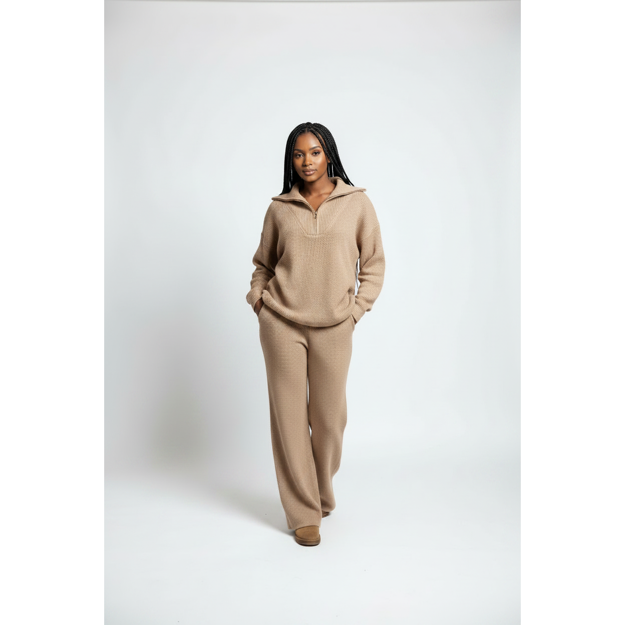 Womens Half-Zip Sweater & Wide-Leg Pants