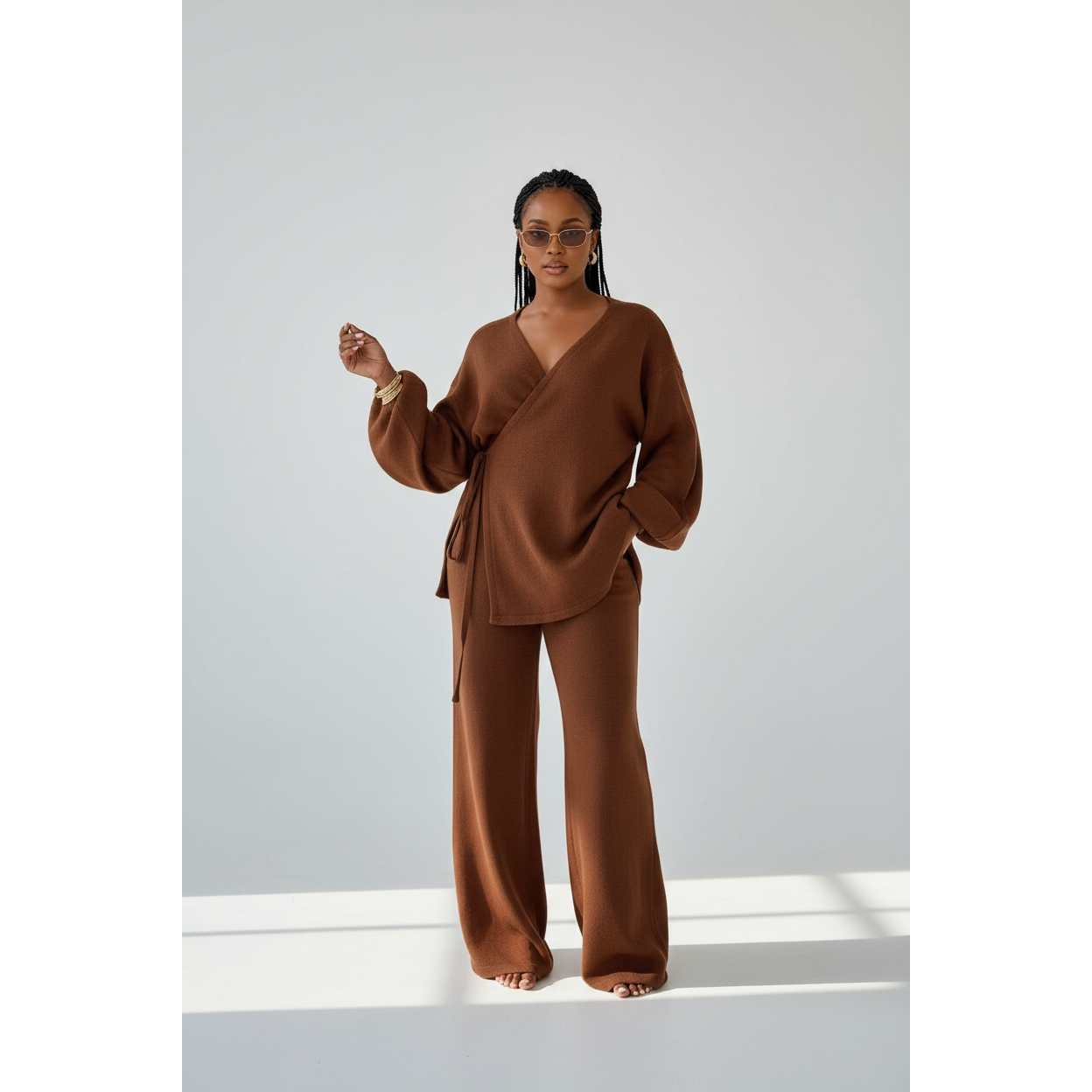 Yoli　wool linen wrap jacket Knitted Lantern Sleeve Wrap Cardigan & Wide-Leg Pants – YELLOW SUB