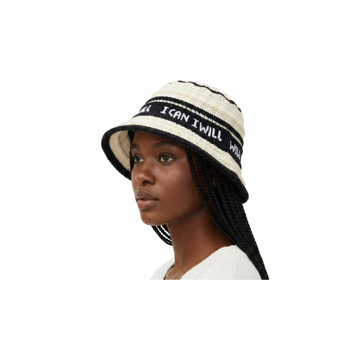 I CAN I WILL Striped Knitted Bucket Hat