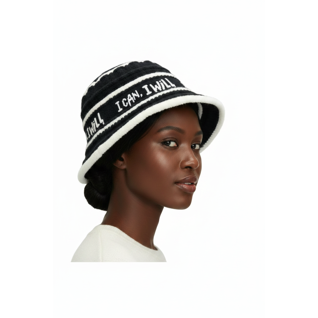 I CAN I WILL Striped Knitted Bucket Hat