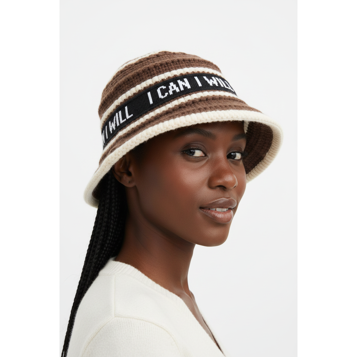 I CAN I WILL Striped Knitted Bucket Hat