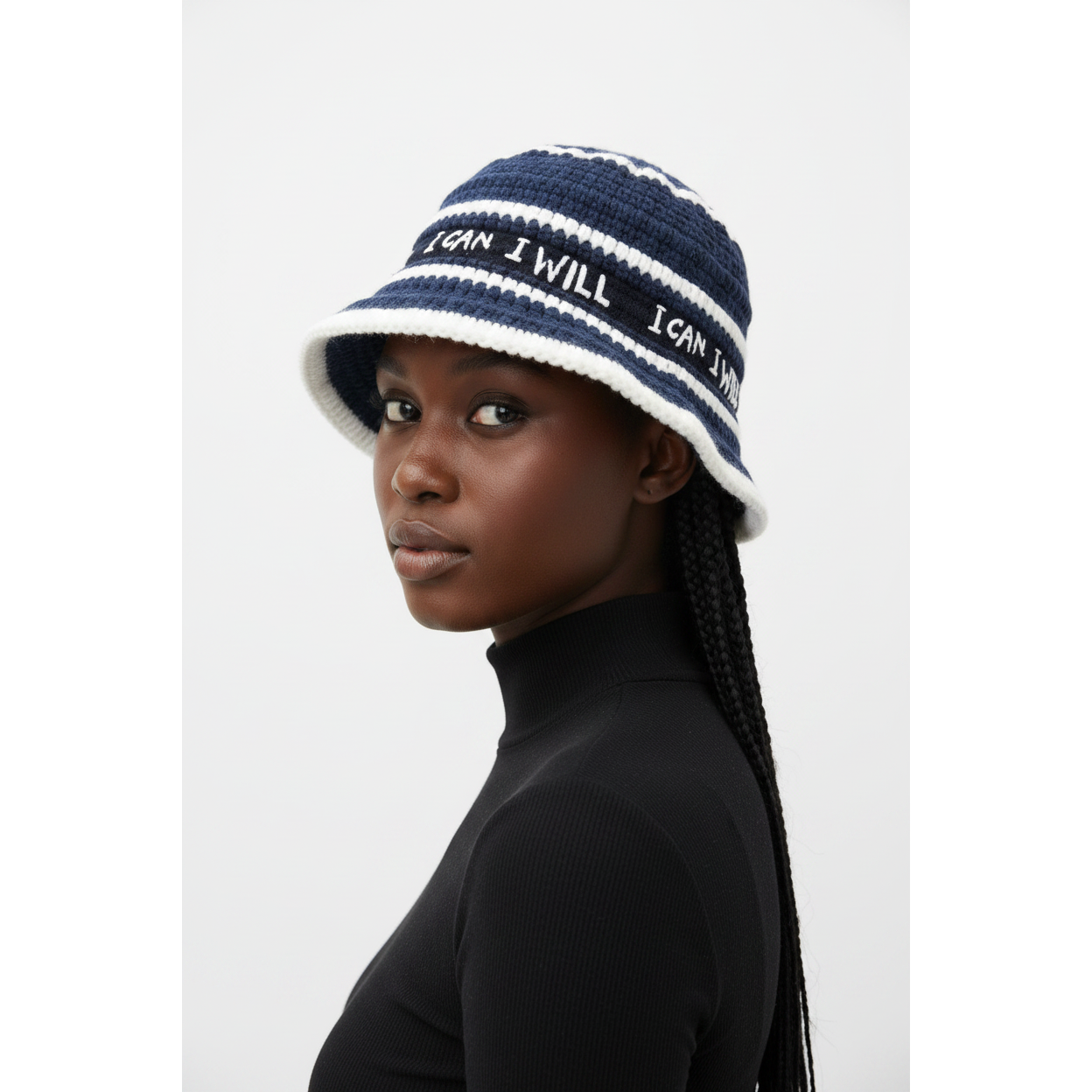 I CAN I WILL Striped Knitted Bucket Hat
