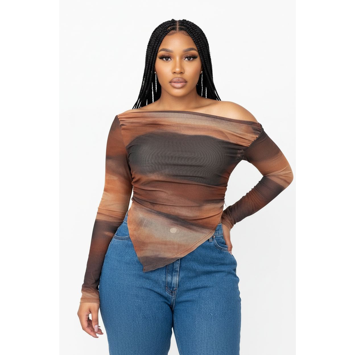 Trendy Off-Shoulder Mesh Long Sleeve Top