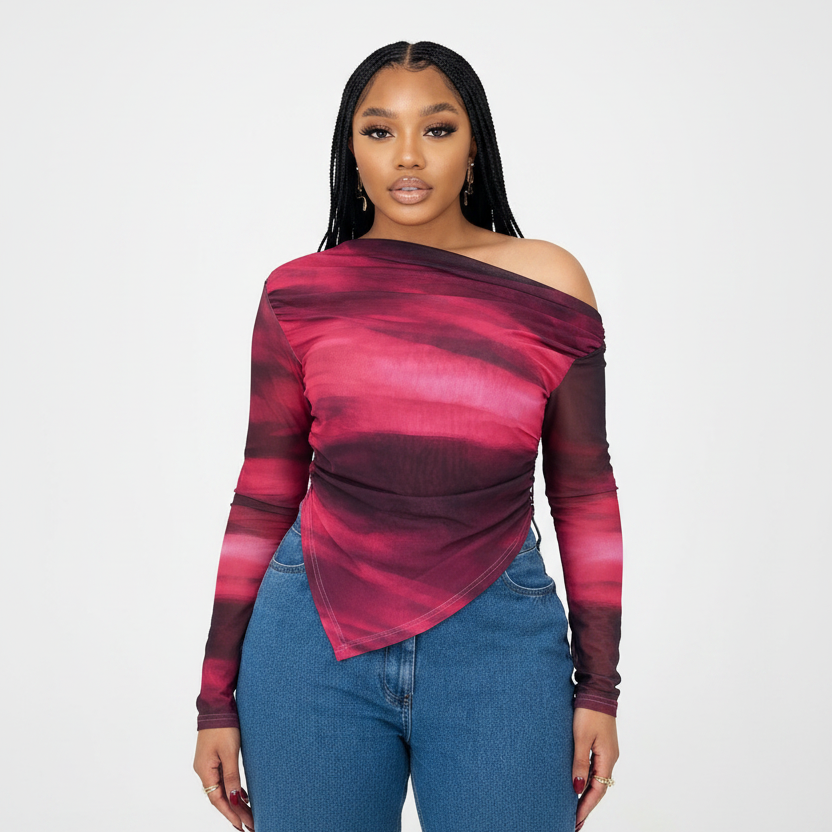 Trendy Off-Shoulder Mesh Long Sleeve Top