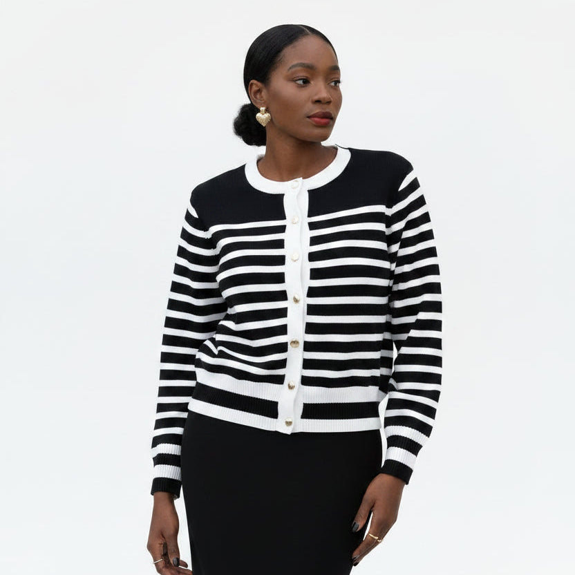 Ladies Knitted Wide Stripe Crewneck Cardigan