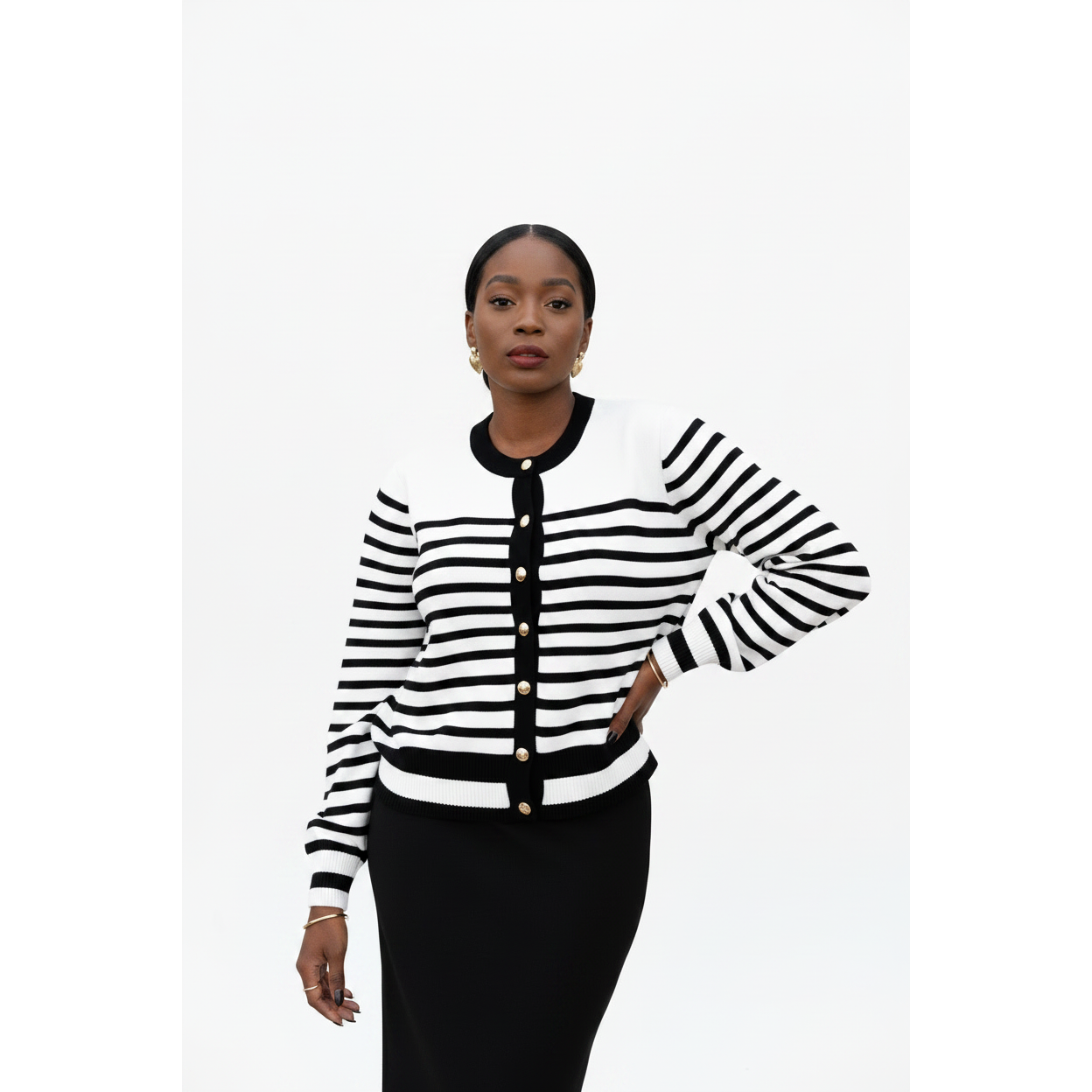 Ladies Knitted Wide Stripe Crewneck Cardigan