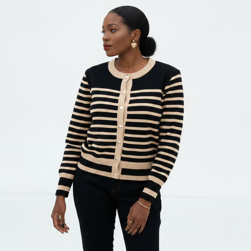 Ladies Knitted Wide Stripe Crewneck Cardigan