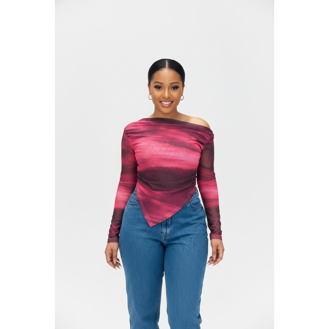 Trendy Off-Shoulder Mesh Long Sleeve Top