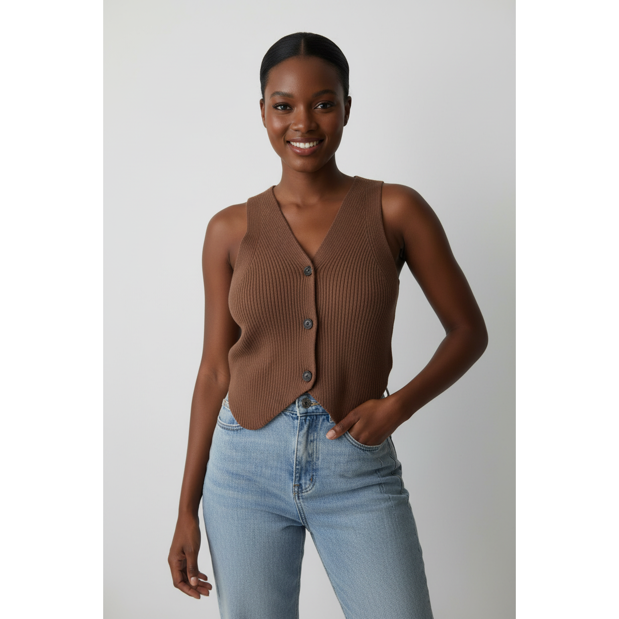 Sleeveless V-Neck Ribbed Knit Vest Top
