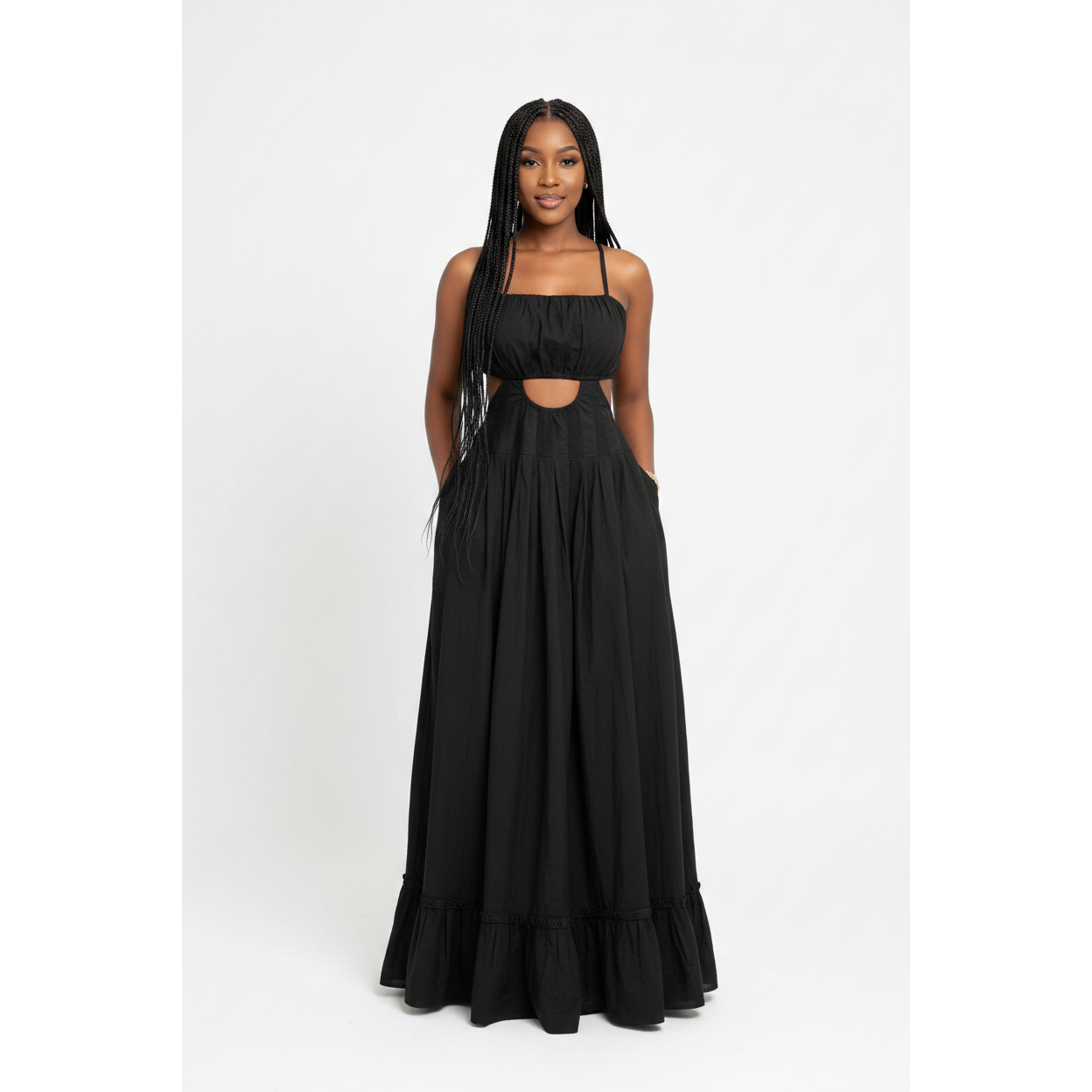 Summer Midriff Cut-Out Ruffle Maxi Dress