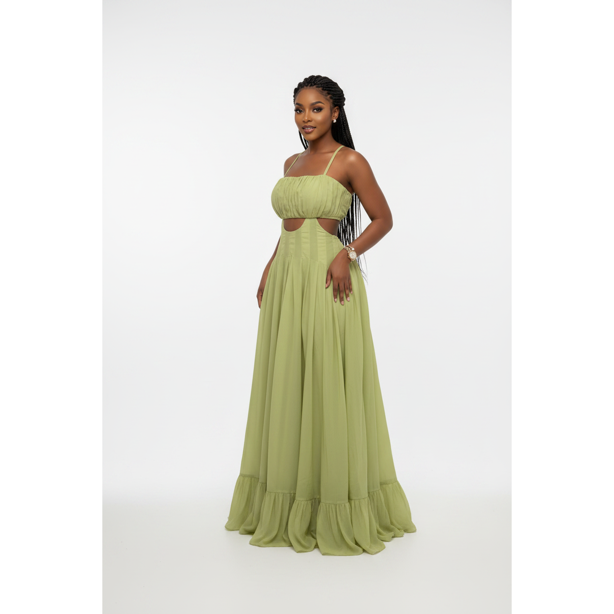 Summer Midriff Cut-Out Ruffle Maxi Dress