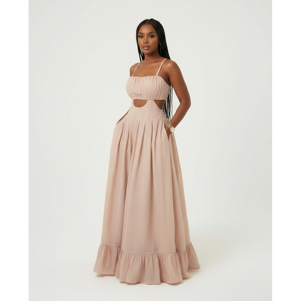Summer Midriff Cut-Out Ruffle Maxi Dress