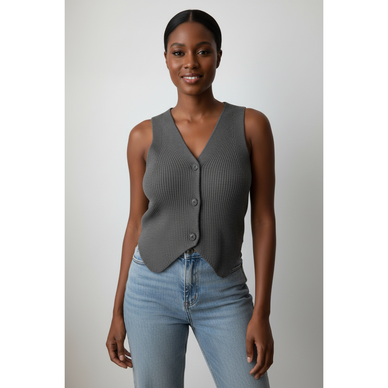 Sleeveless V-Neck Ribbed Knit Vest Top