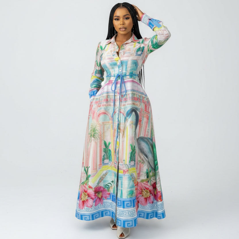Plus Size Mediterranean Print Shirt Long Sleeve Lace-Up Midi Dress