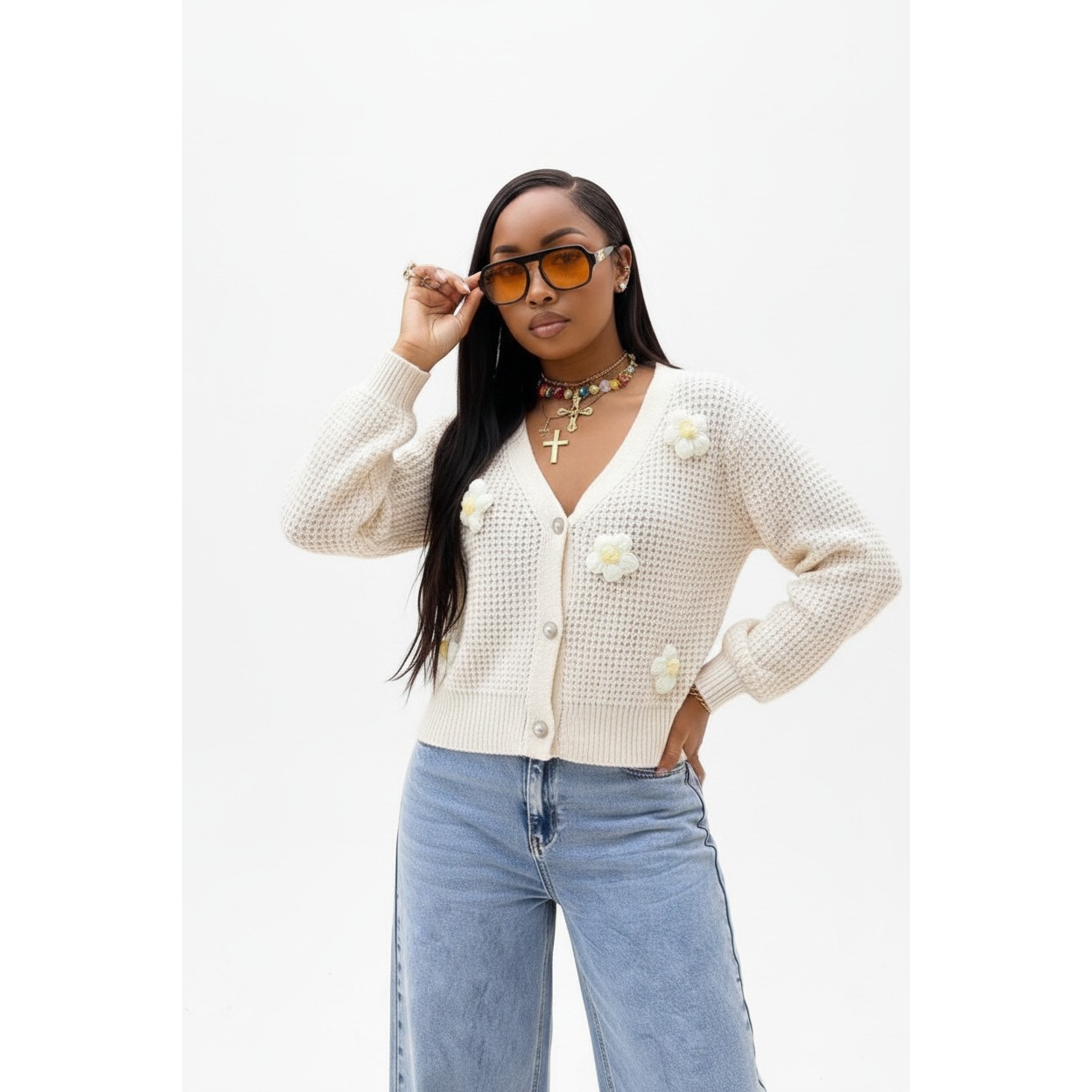 3D Floral V-Neck Knitted Cardigan | Yellow Sub Trading – YELLOW