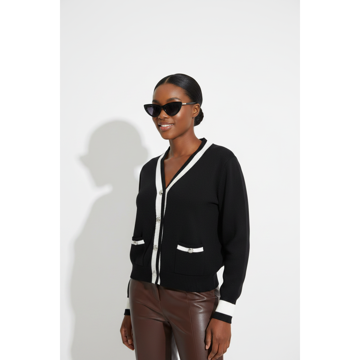 Classic V-Neck Knitted Trim Cardigan