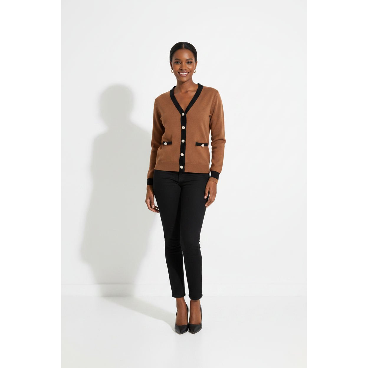 Classic V-Neck Knitted Trim Cardigan