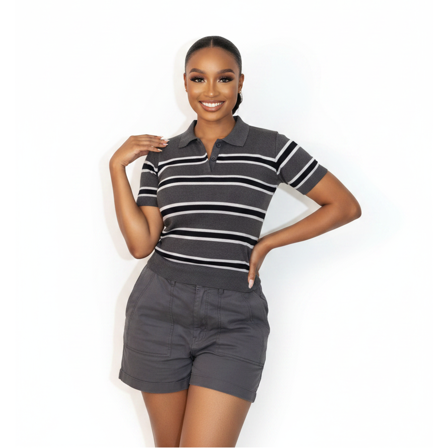 Ladies Striped Short-Sleeve Knit Golf Top