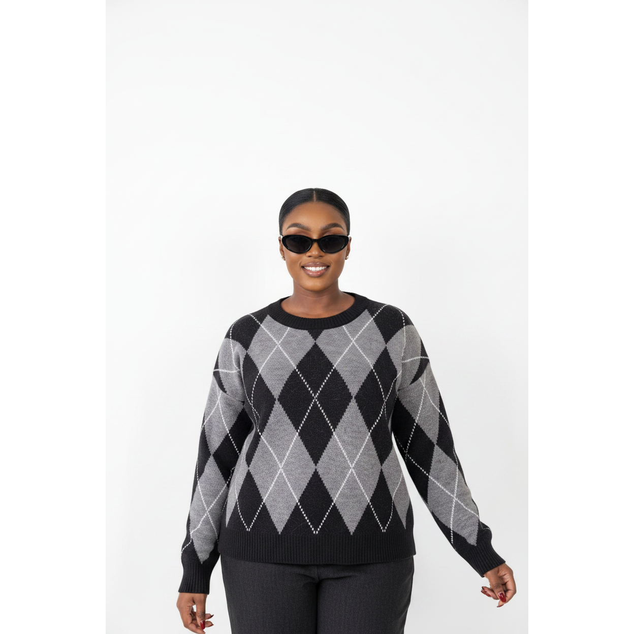 Versatile Crew Neck Argyle Knit Sweater Top