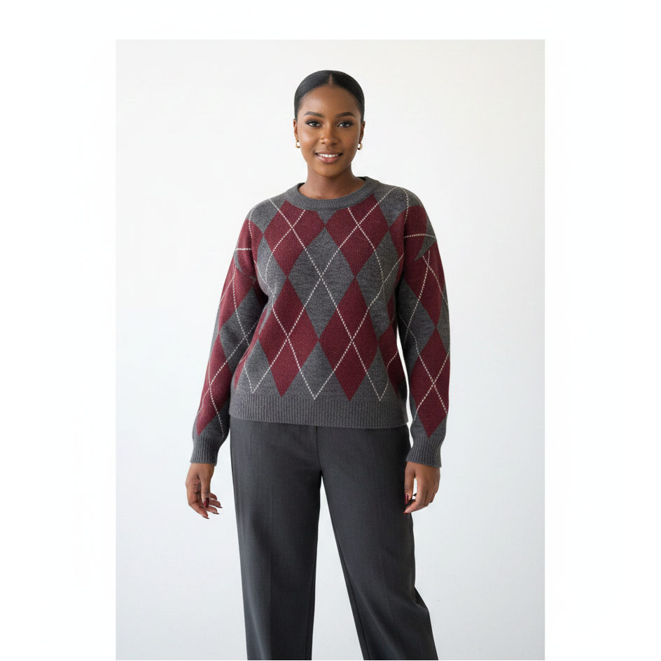 Versatile Crew Neck Argyle Knit Sweater Top