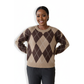 Versatile Crew Neck Argyle Knit Sweater Top