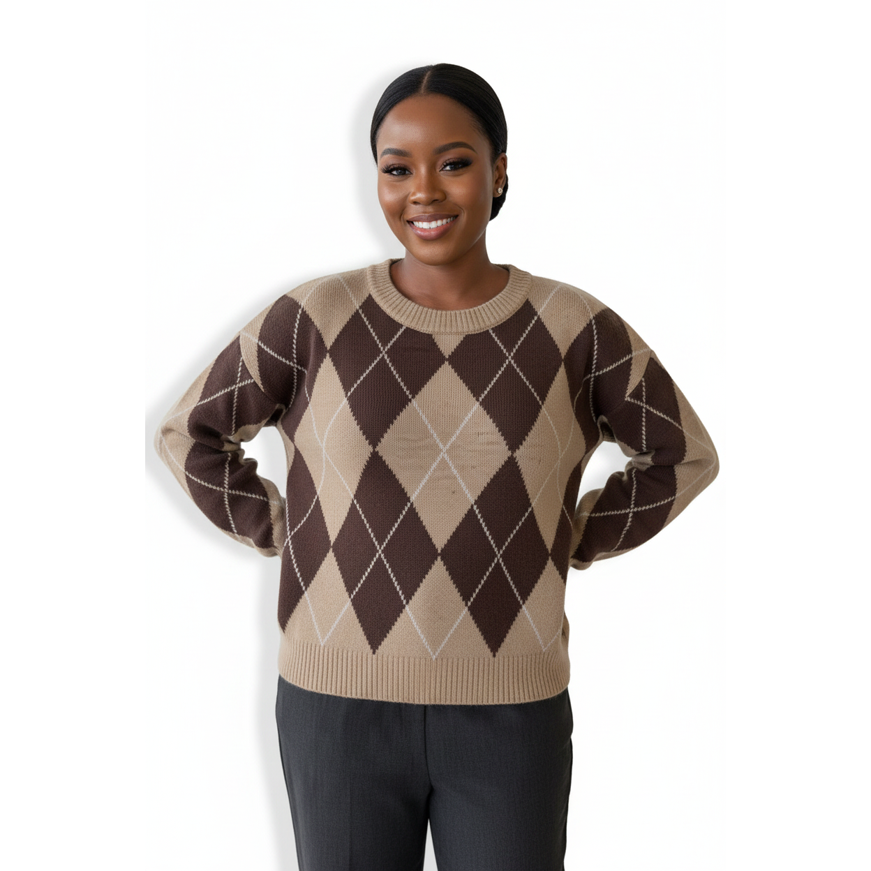 Versatile Crew Neck Argyle Knit Sweater Top