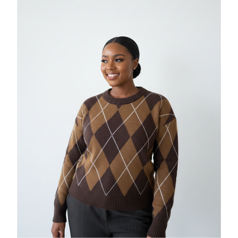 Versatile Crew Neck Argyle Knit Sweater Top
