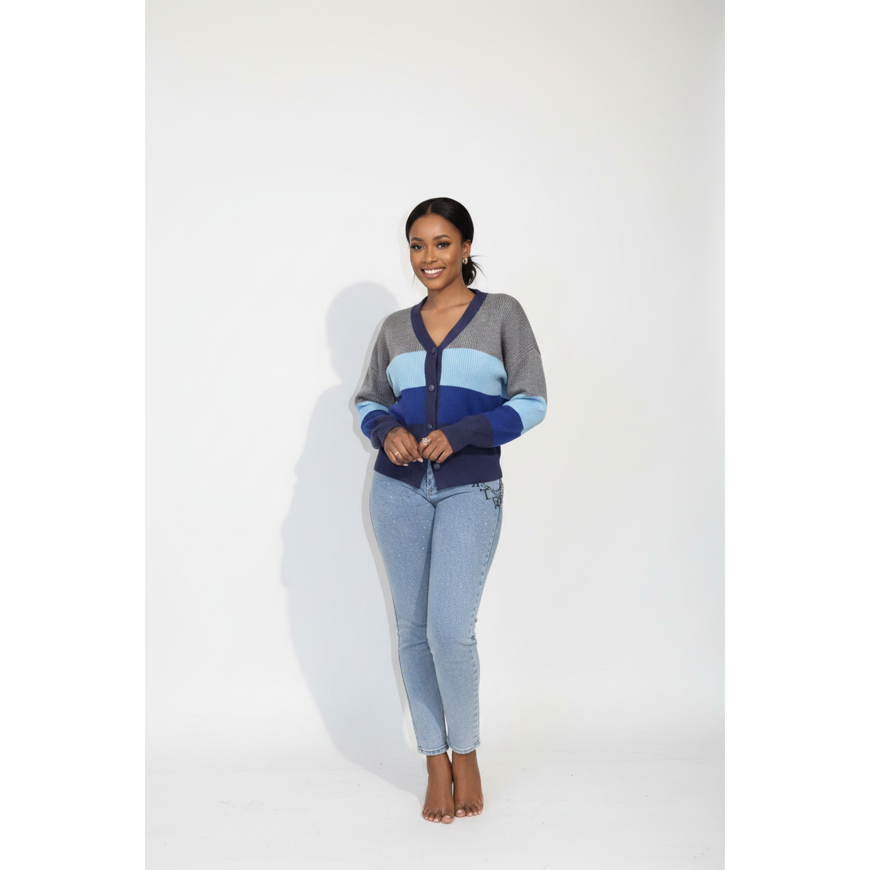 Women's Knitted Color-block Striped Cardigan