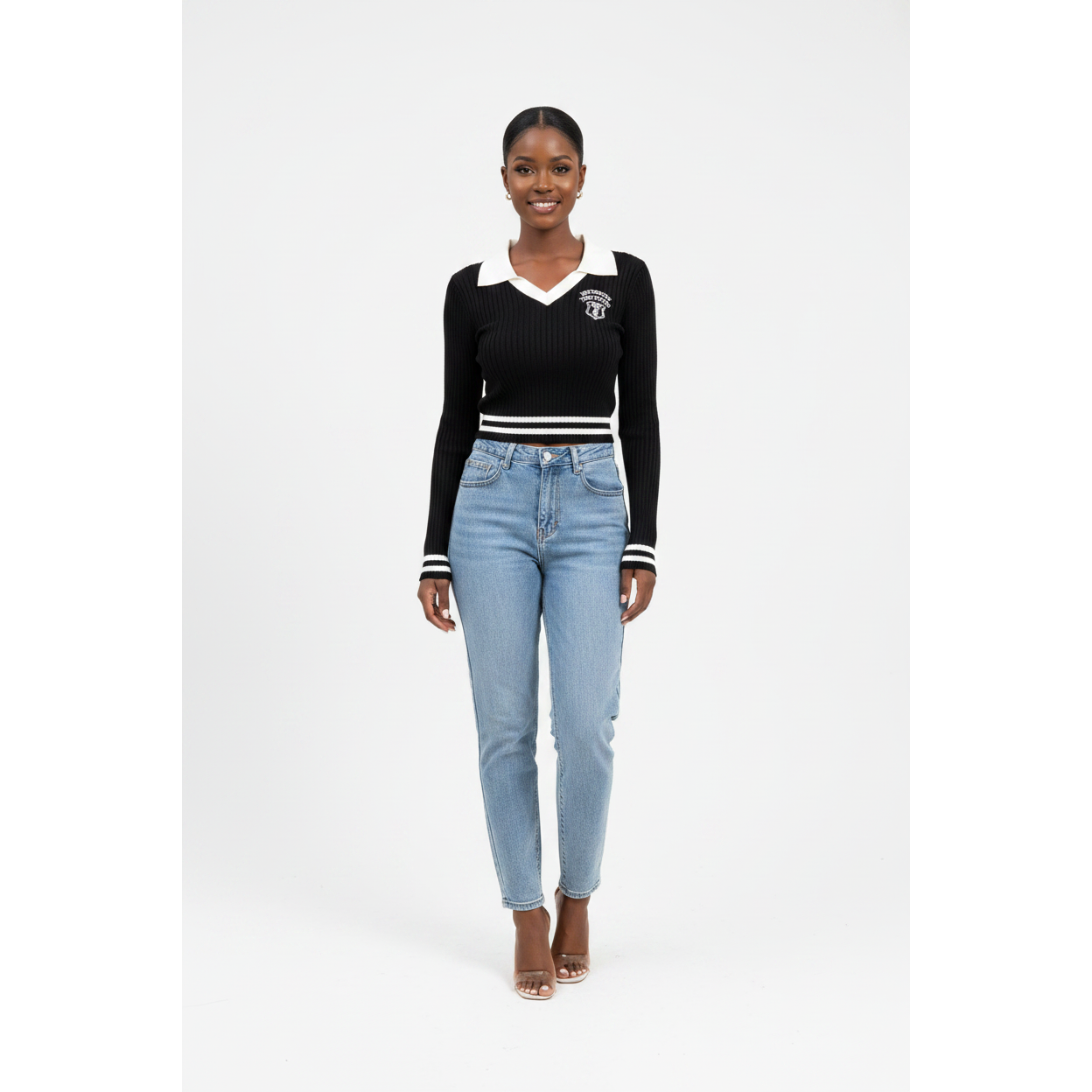 Sporty Varsity-Style Crop Knitted Sweater