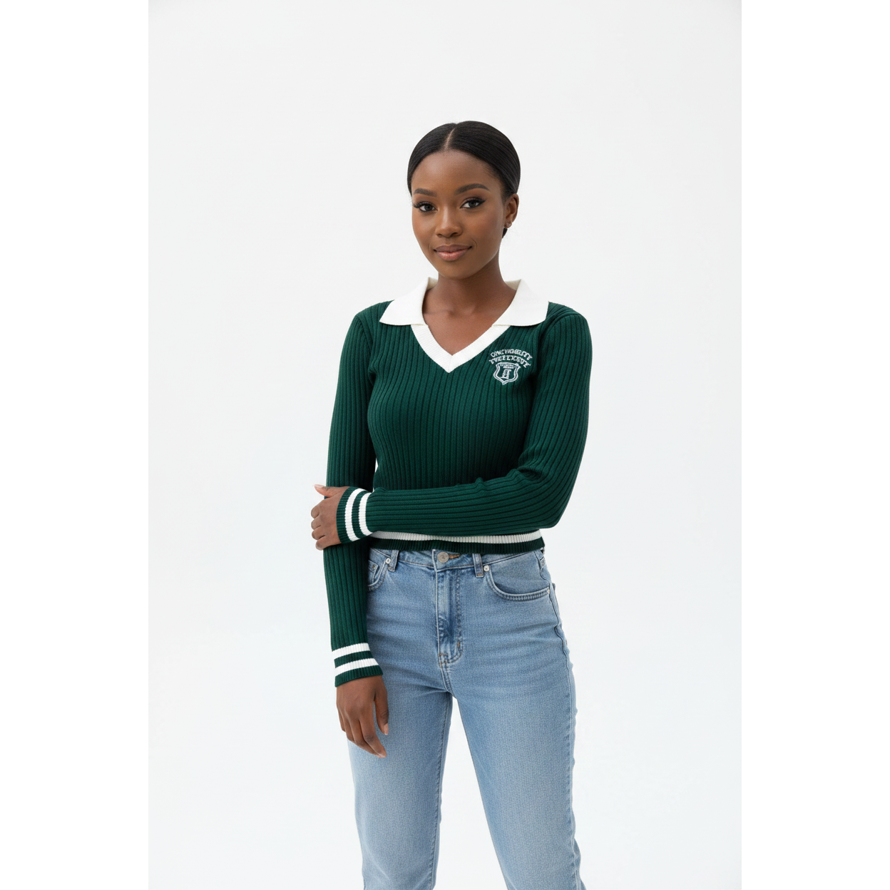 Sporty Varsity-Style Crop Knitted Sweater