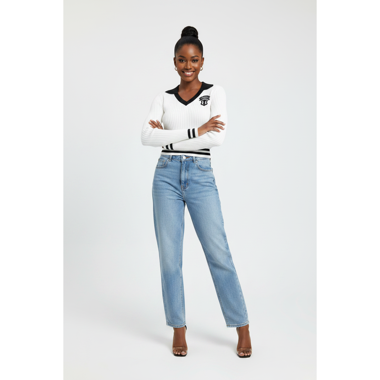 Sporty Varsity-Style Crop Knitted Sweater