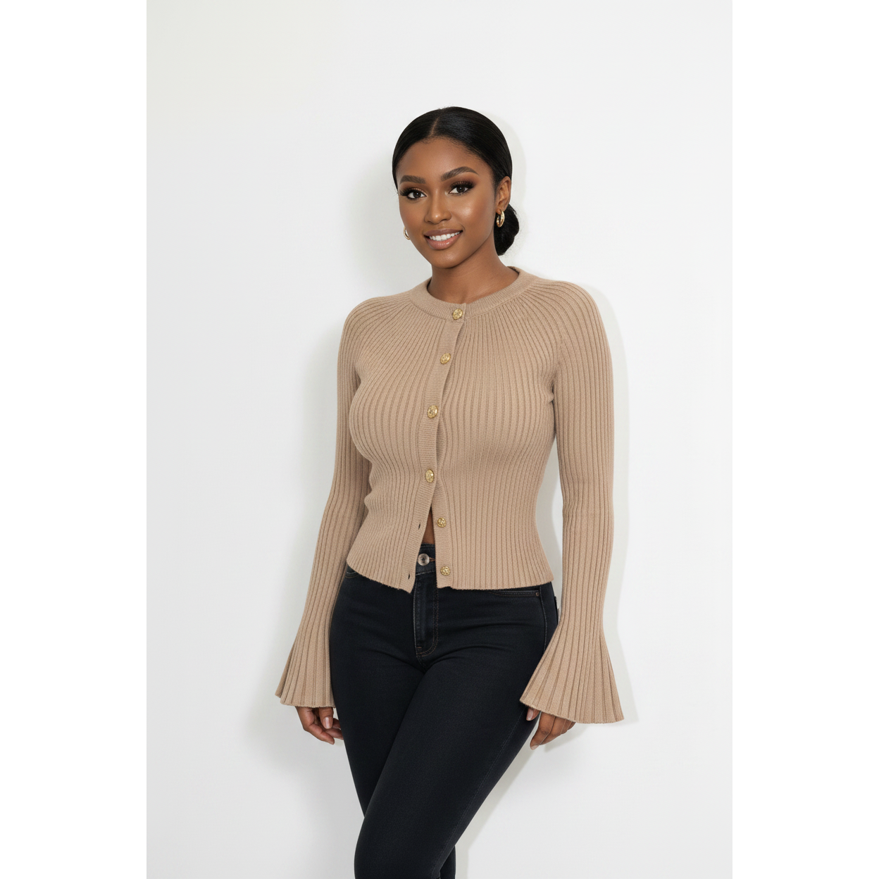 Stylish Crew Neck Knit Bell Flare Sleeve Top