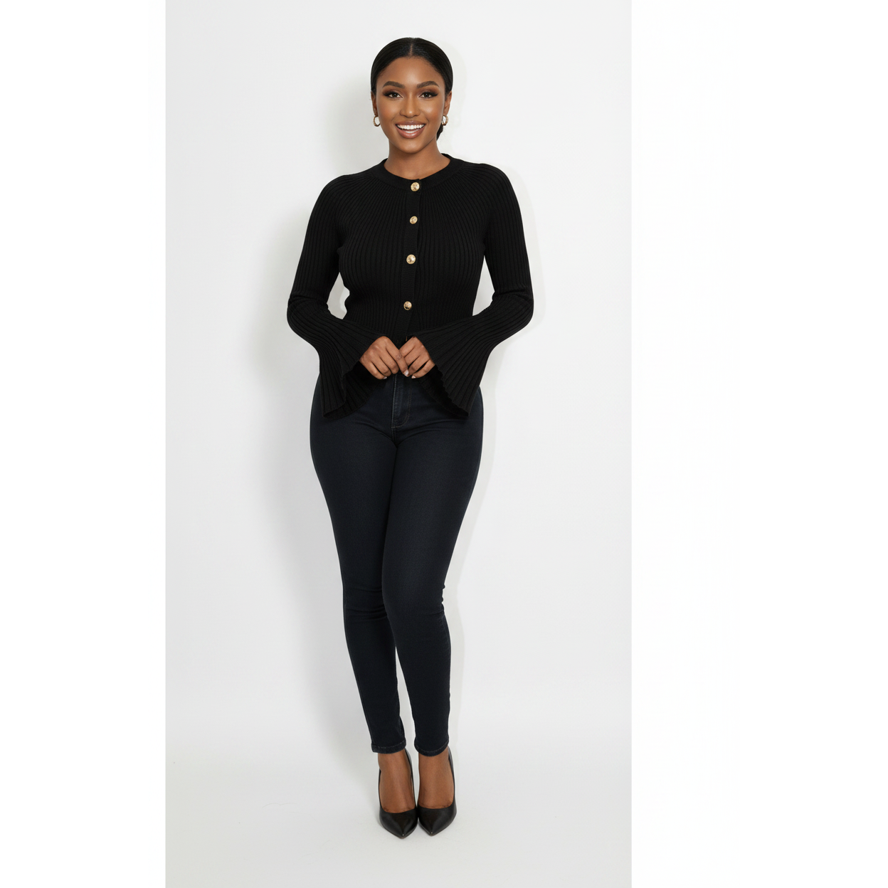 Stylish Crew Neck Knit Bell Flare Sleeve Top