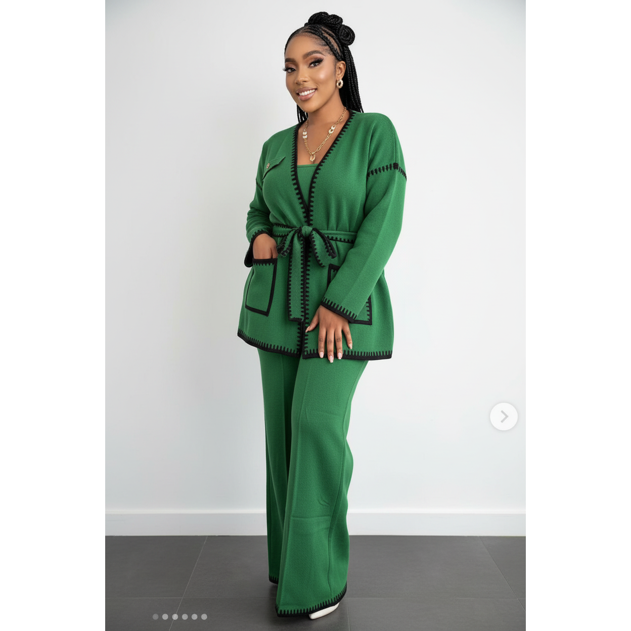 Women's Blanket-Stitch Trim Cardigan & Wide-Leg Pants Set